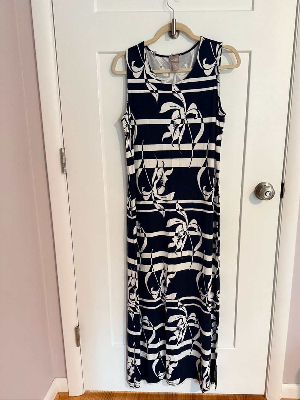 Chico's Navy and White Sleeveless Floral Stripe Maxi Dress